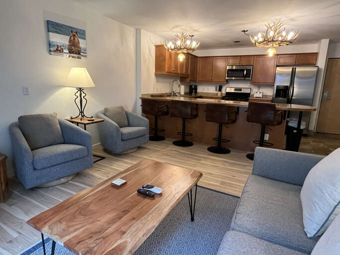 Beautiful interior in the open concept living area and kitchen with bar