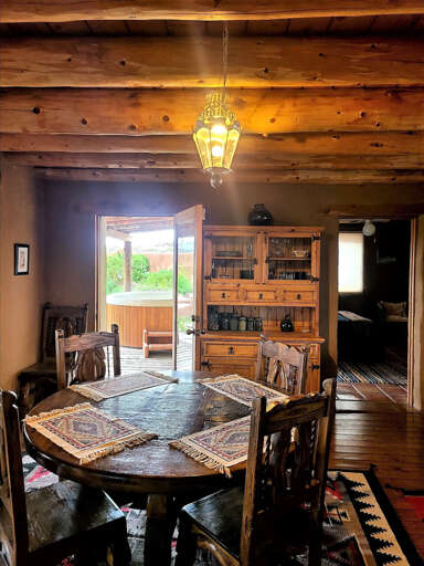 Dining area with view of the hot tub