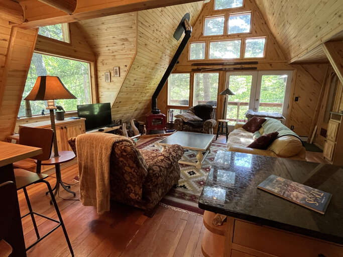 Living room looks out into the trees