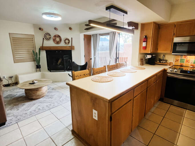 Kitchen seating area and fireplace