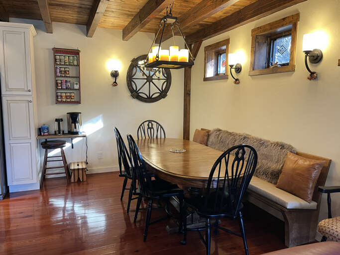 Dining area with bench and chairs
