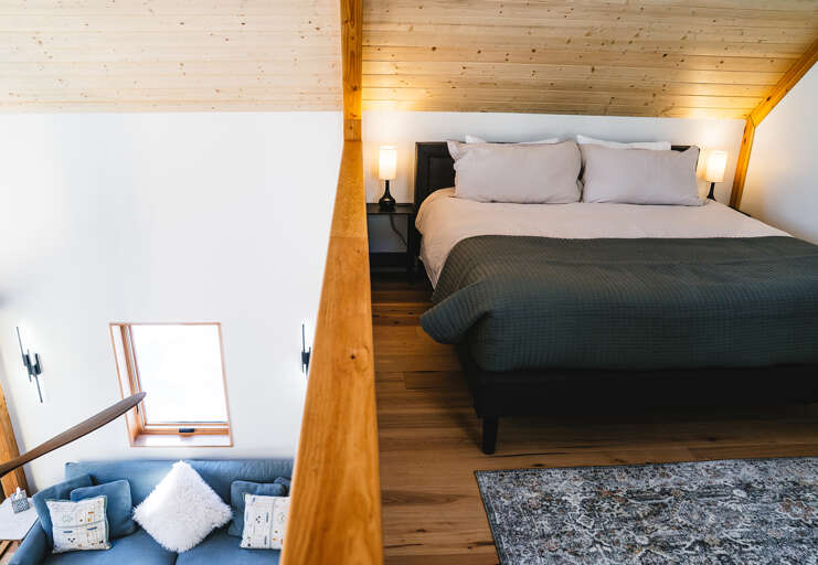 Wood floors, wood ceilings, living area below