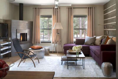 Sink into plush seating by your fireplace while natural light pours through windows framing peaceful forest viewsâyour perfect retreat for cozy mountain evenings.