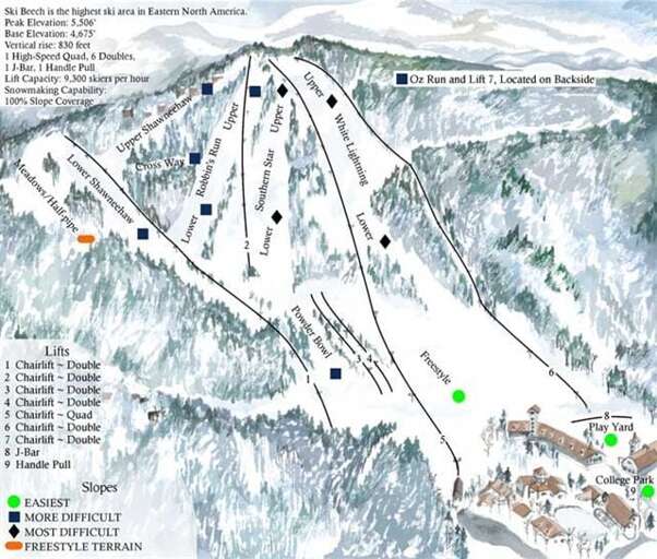 Map of Slopes on Beech Mountain. 112 Skiway is located on Lower Shawneehaw, just at the base of Robins Run.