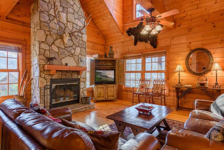 3 Bears Den Living Area with Wood-Burning Fireplace
