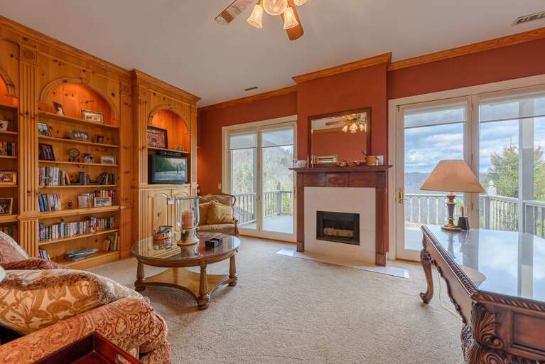 Cozy Upstairs Office & Library with Private Deck, Gas Log Fireplace, TV, Mini Bar