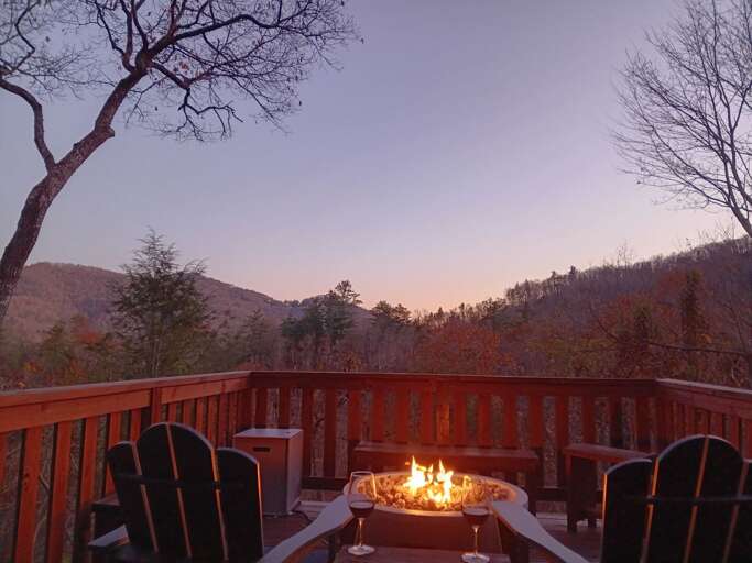 Gas Fire Pit on the Deck at Twilight with Mountain Views Gas Fire Pit on the Deck at Twilight with Mountain Views