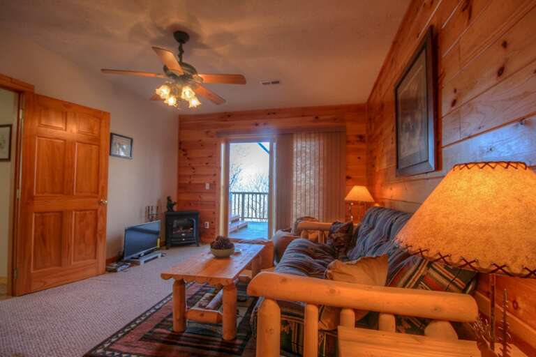 Downstairs Den with HDTV and DVD Player, Buckstove Fireplace