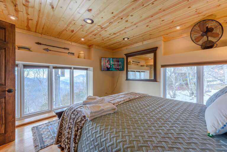Downstairs Queen Bedroom with HDTV and Views from the Huge Windows