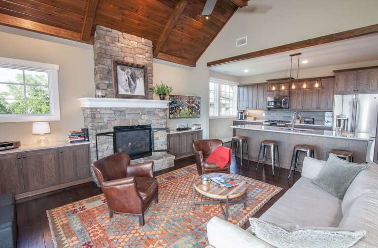 Comfy Linen Sofa and Leather Armchairs in Great Room Comfy Linen Sofa and Leather Armchairs in Great Room