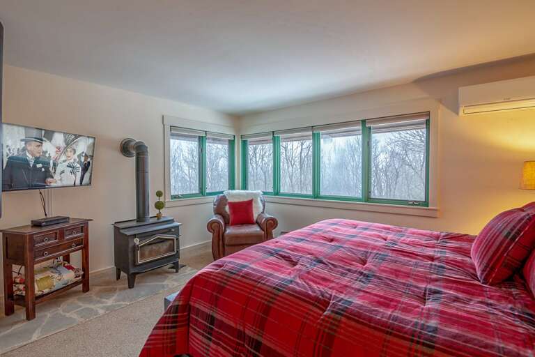 Views and TV, create comfort in master bedroom. Note: WoodStove not functional.