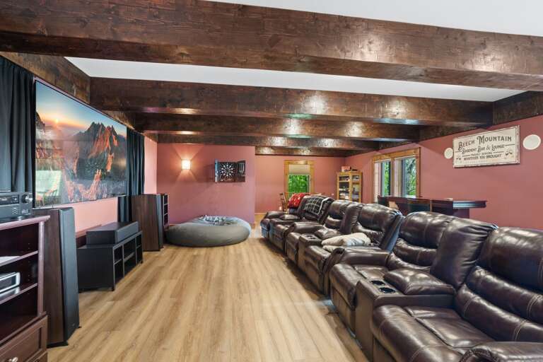 Cardinal Perch's Theater Room with 150-inch HD Projector Screen and Reclining Leather Theater Seats and New AV Equipment