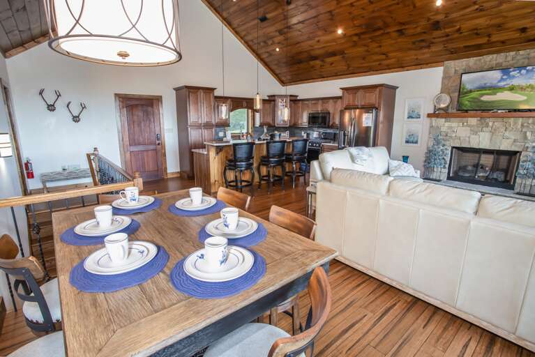 Dining Table Seats 6, plus 3 more at Adjacent Kitchen Island totaling Comfortable Dining for 9