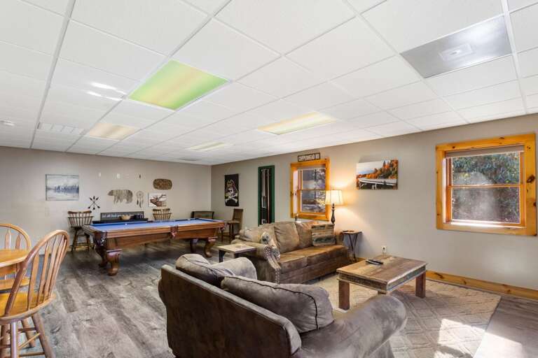 Lower Level Family Room a Pool Table, Comfortable Sofas and TV