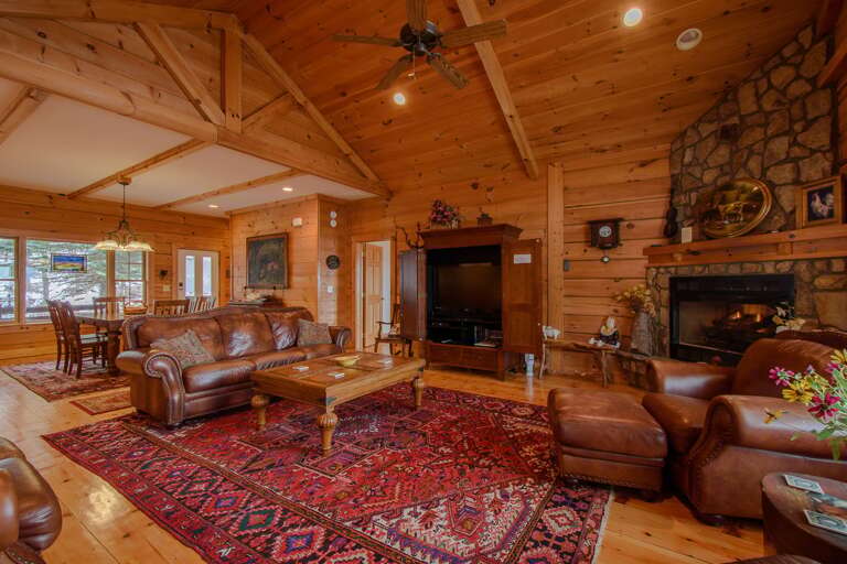 Warm Open Living Area, Leather Furniture, Stone Fireplace, Wonderful Views