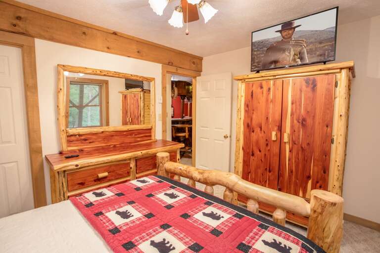 Lower Level Queen Bedroom with HD Smart TV and Custom Cedar Furniture