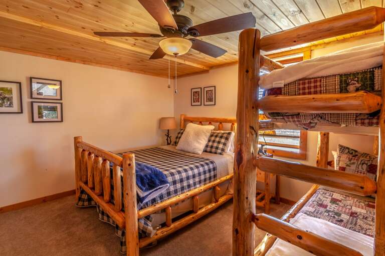 Downstairs Bunk Bedroom with Tongue-in-Groove Wood Ceiling and Ceiling Fan