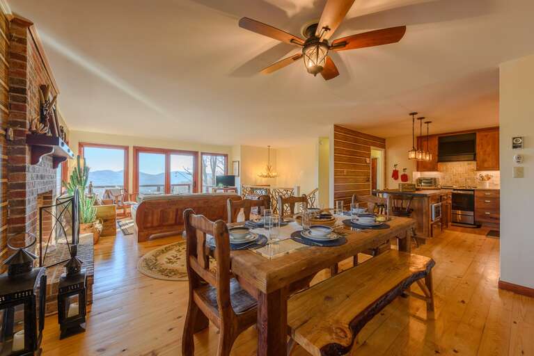 Custom Dining Table and Adjacent Kitchen Island Dine up to 10 Guests Comfortably