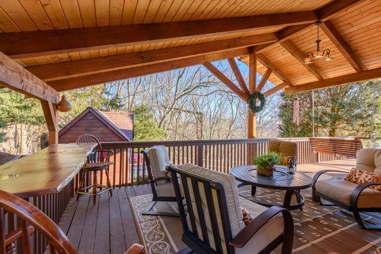 Vaulted Ceilings, Live-Edge Wood Dining Counter in Outdoor Living Area