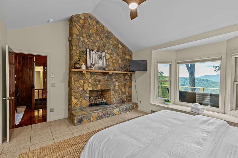 Main Level Primary Bedroom with Fireplace, TV, Views, Ensuite Bathroom