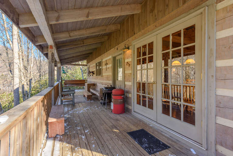 Covered Back Porch with Peaceful Creek Below, Quiet Wooded Space Behind House