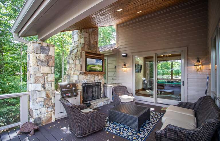 Outdoor Fireplace, Grill, and TV on Back Deck