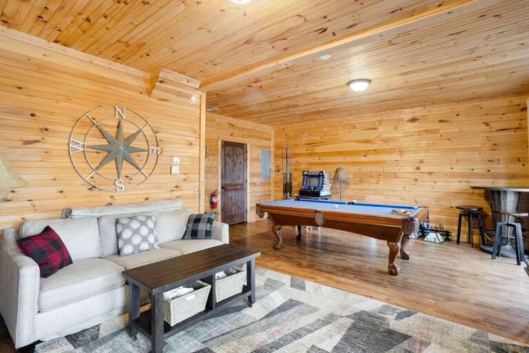 Lower Level Game Room and Den with HD Smart TV, Pool Table, Arcade, and Sleeper Sofa