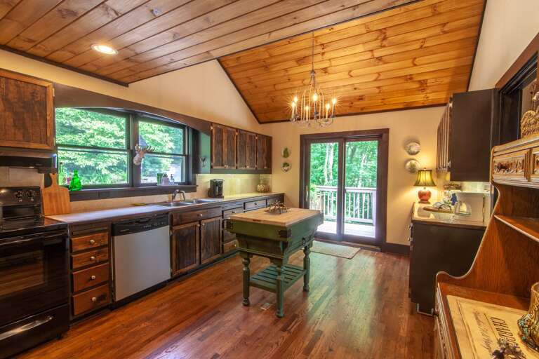 Vaulted Tongue in Groove ceilings and Hardwood Floors in Kitchen Vaulted Tongue in Groove ceilings and Hardwood Floors in Kitchen