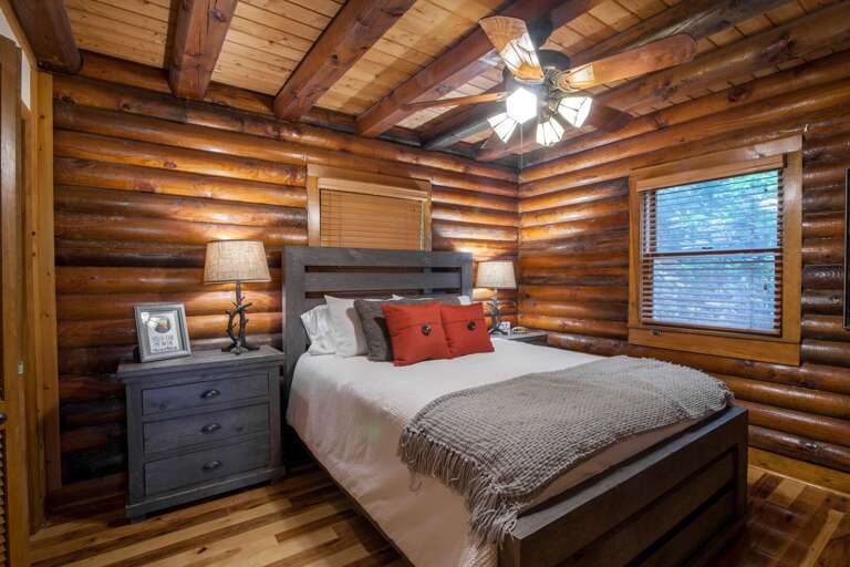 Queen Master Suite on Main Level with Exposed Beams, Log Walls Queen Master Suite on Main Level with Exposed Beams, Log Walls