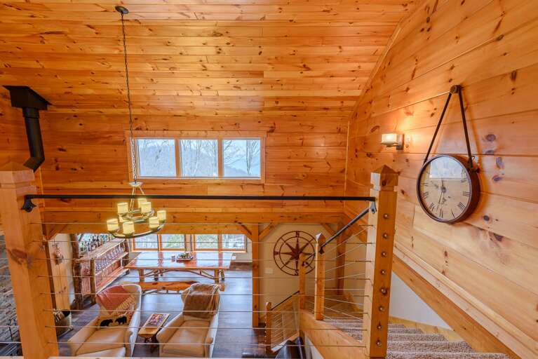 Loft Looks Down into Great Room and Dining Area, and Out at Mountain Views
