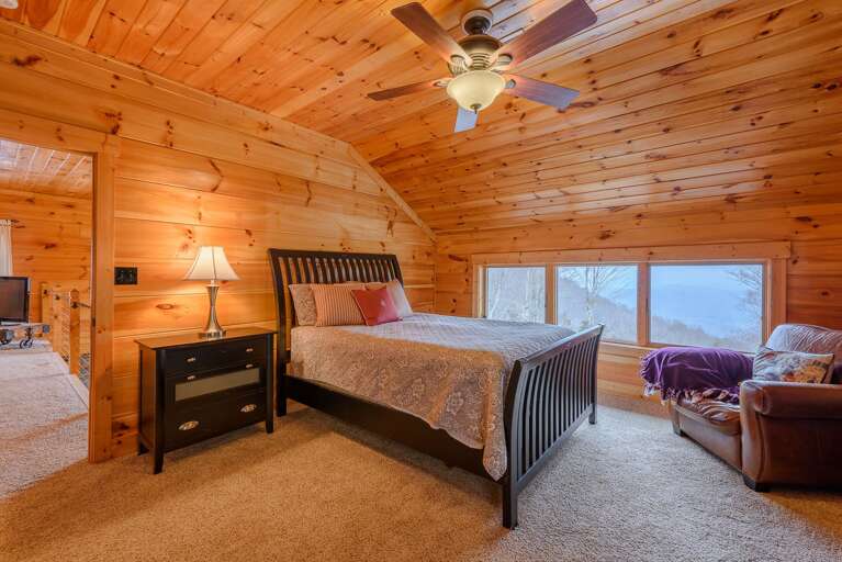 Upstairs Queen Master Bedroom with Windows which Look Out at Mountain Views