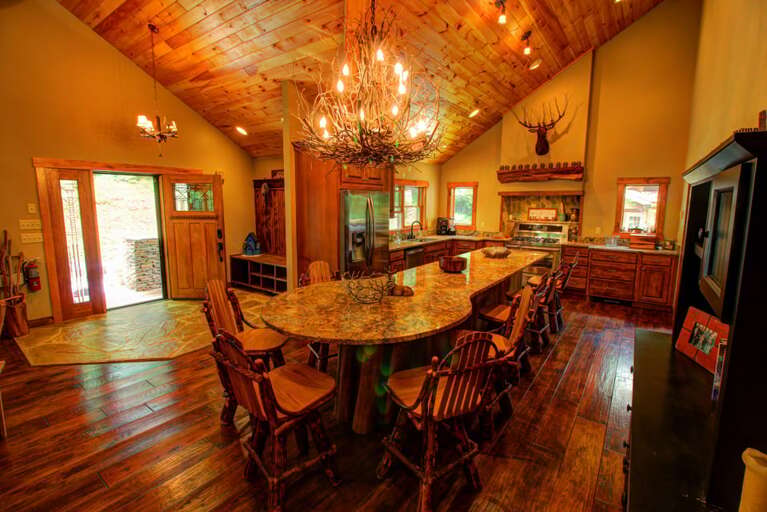 Open floor plan with large island counter top and seating