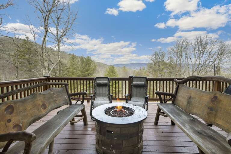 Custom Hand Made Live Edge Benches Flank the Fire Table
