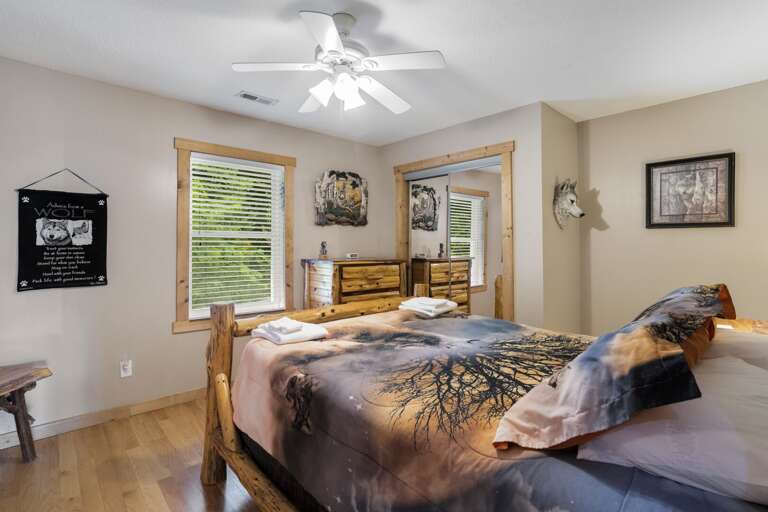 Wildlife Manor Wolf Bedroom with Custom Built Cedar Queen Bed and Cedar Chest