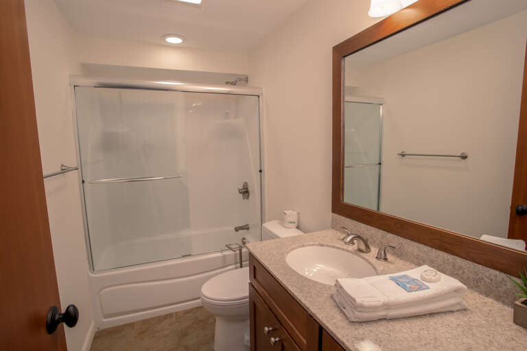 Full Hallway Bathroom on Lower Level with Granite Vanity and Tub Shower Combo Full Hallway Bathroom on Lower Level with Granite Vanity and Tub Shower Combo