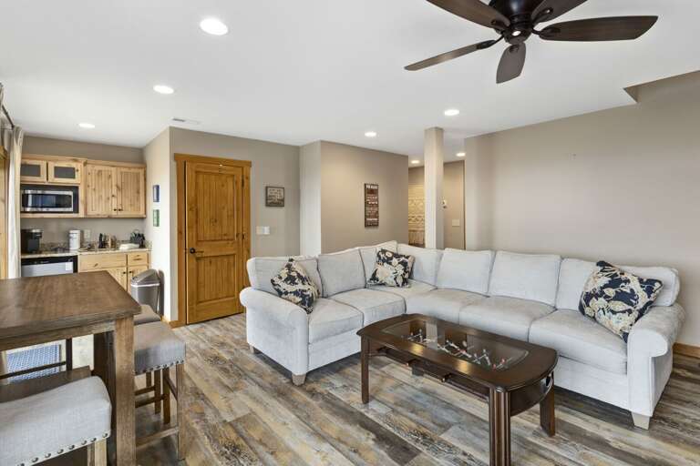 Lower Level Living Room with Large TV and Bar Area
