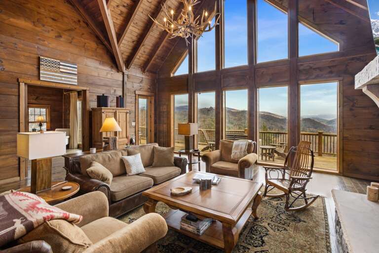 Wonderful Main Living Room with Soaring Ceilings, Exposed Beams and Long Range Views