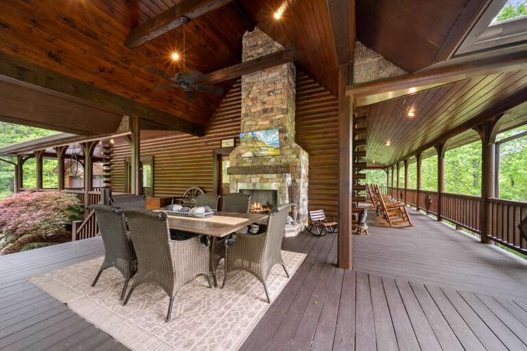 Outdoor Stacked Stone Fireplace, TV and Dining