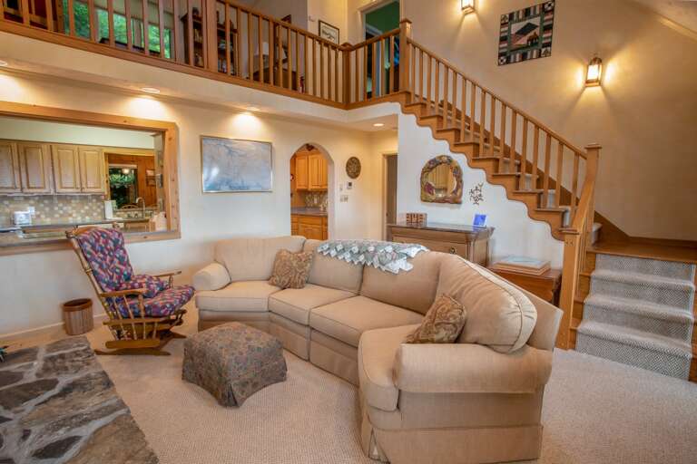 Comfy Custom Sofa in front of Gas Log Fireplace in Great Room Living Area