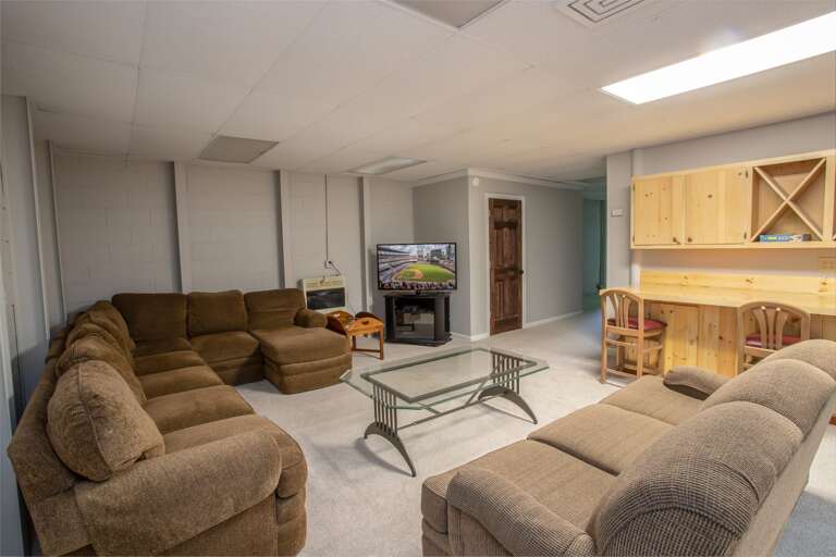 TV and couches also in gameroom with bartop seating