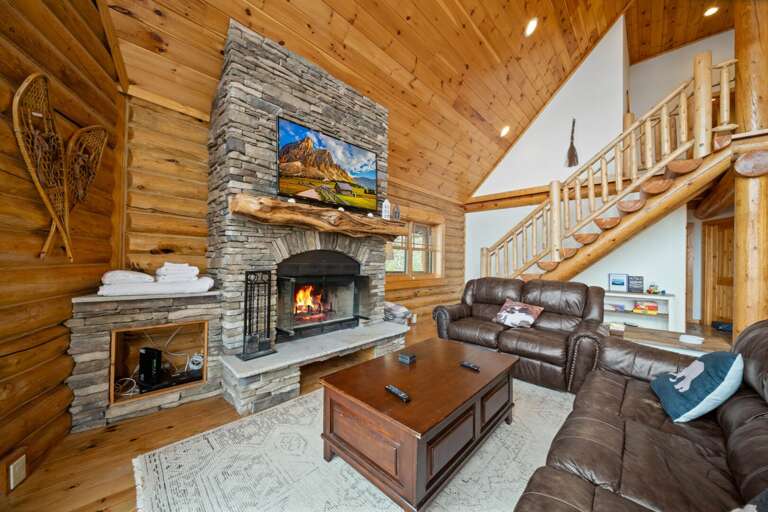 Living Room with TV and Wood Burning Fireplace