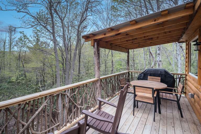 Woods and Mountain Views from the Back Deck with Real Wood Beams and Pickets