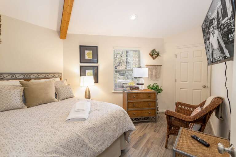 Queen Bedroom Tasteful Decor and TV