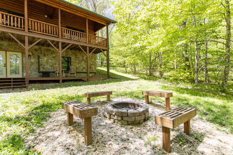 Fire Pit with Custom Built In Wooden Benches