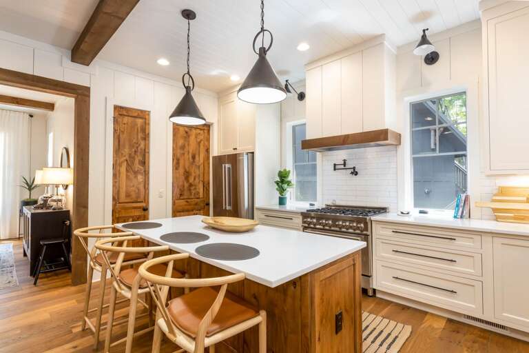 Kitchen Island Seating, Stainless Fridge and Gas Stove and Oven Kitchen Island Seating, Stainless Fridge and Gas Stove and Oven
