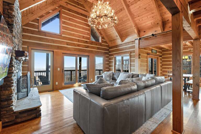 Expansive Long Range Views from the Great Room with High Vaulted Ceilings and Cabin Interior