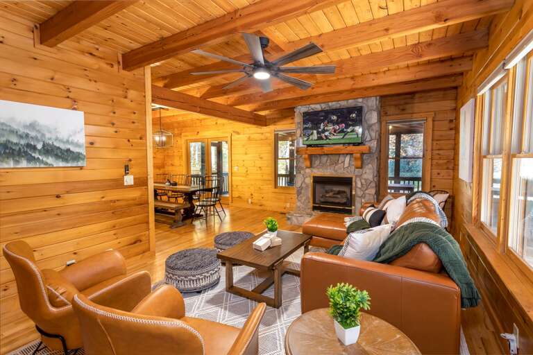 Leather Furniture,  Warm Wood Interior and Gas Log Fireplace Leather Furniture,  Warm Wood Interior and Gas Log Fireplace