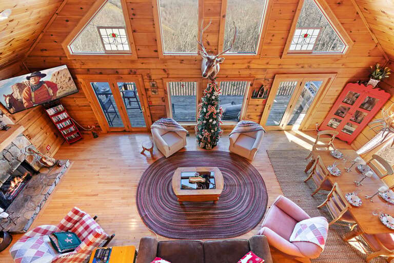 Looking Down at the Main Level Living Room from the Loft