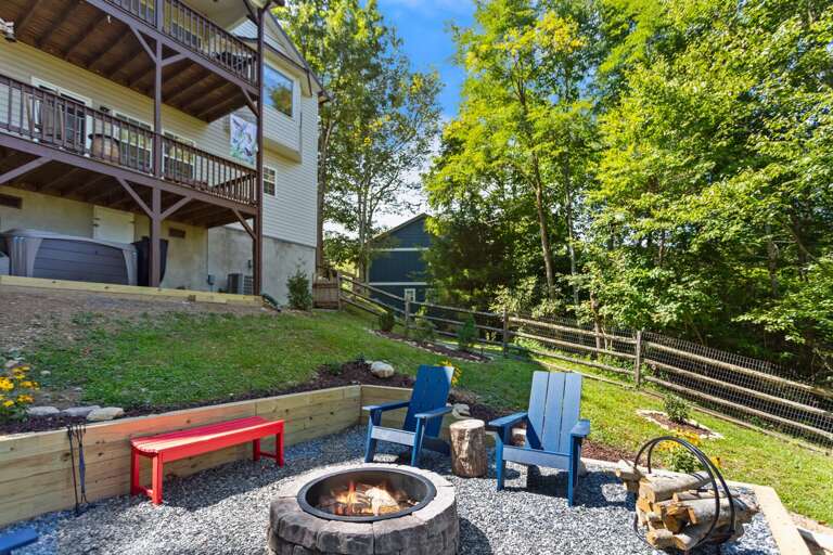 Two Decks and Lower Hot Tub Patio Overlook the Fire Pit