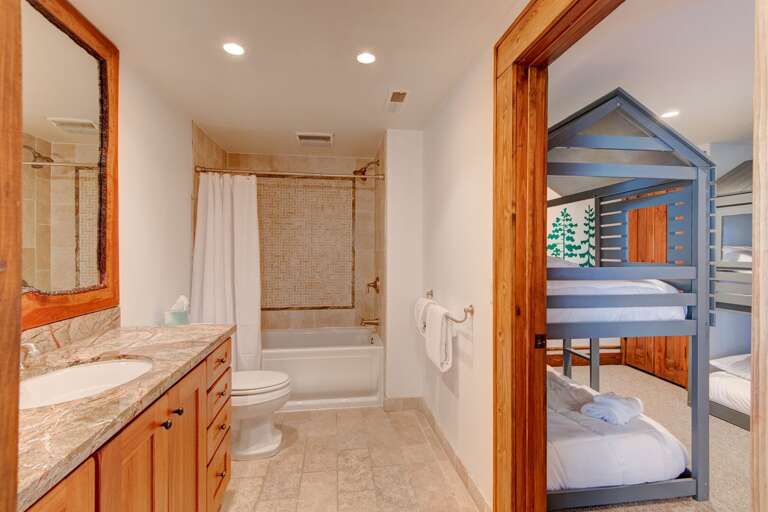 Tub and Shower Combo in the Lower Level Full Shared Bathroom